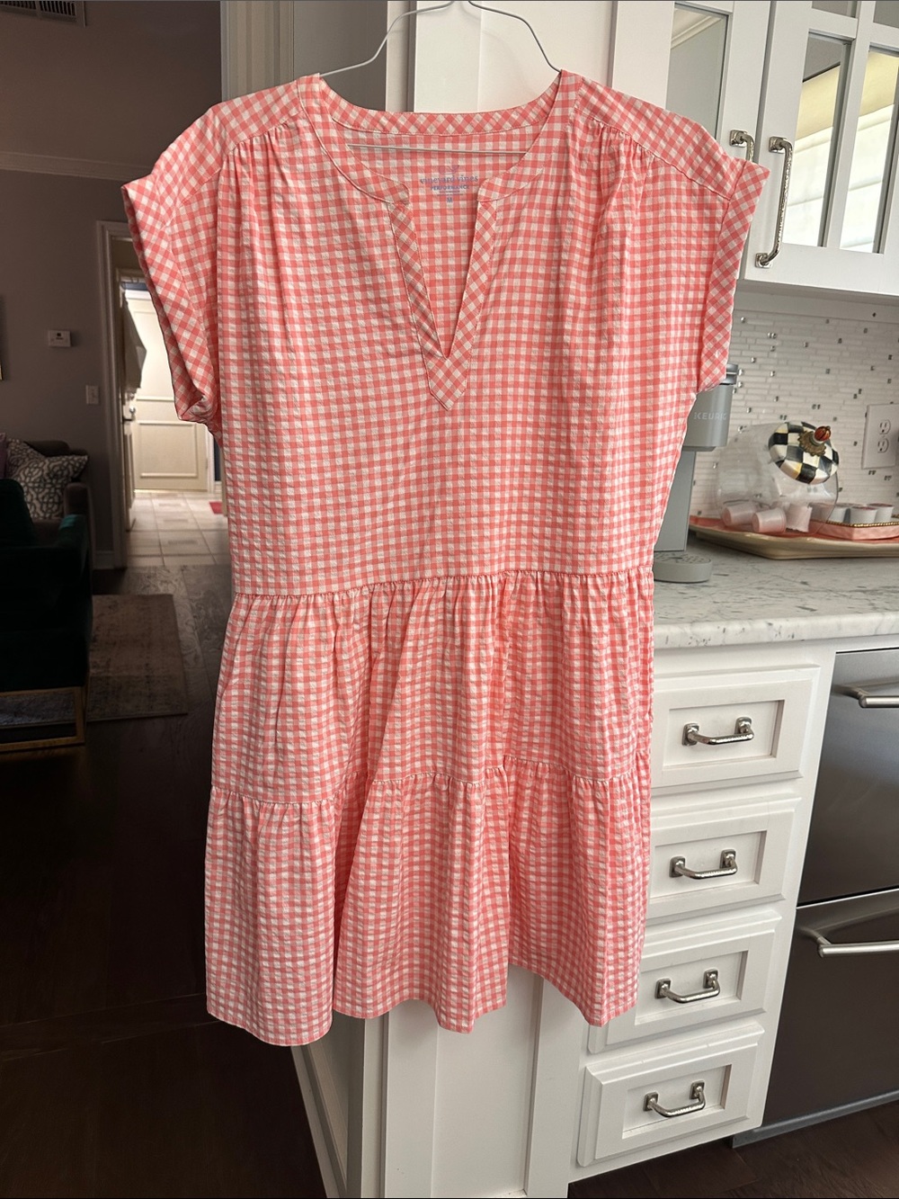 Vineyard Vines Coral Pink Gingham Tiered Mini Dress